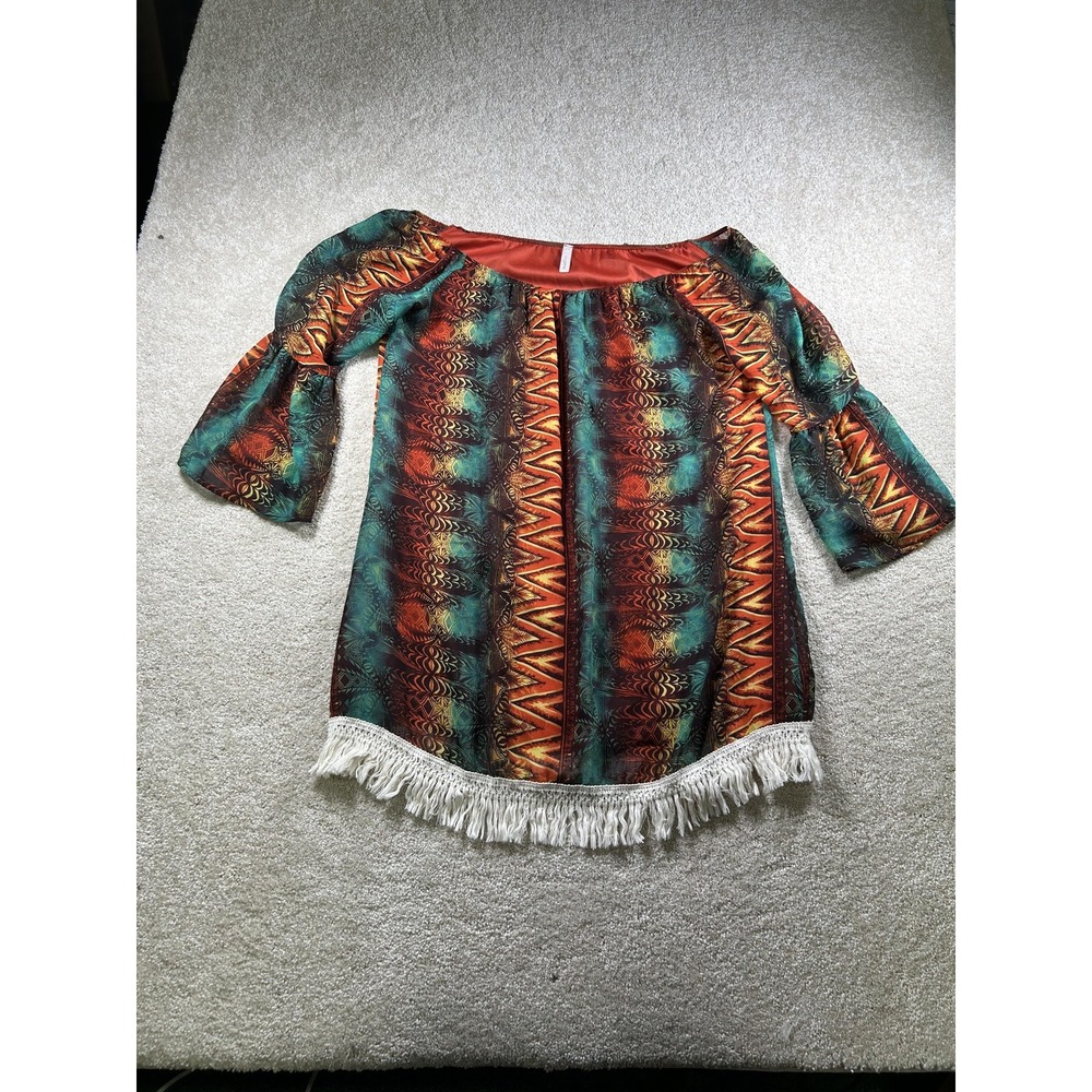Cezanne Top Womens‎ Large Boho Fringe Festival Off Shoulder Flare Sleeve